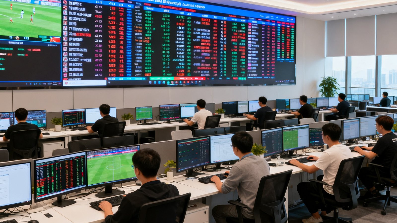 球探体育广州总部开放式办公区全景，数十位数据分析师正专注地面对多屏幕工作台，墙面上巨大的LED屏幕实时滚动着全球体育赛事数据