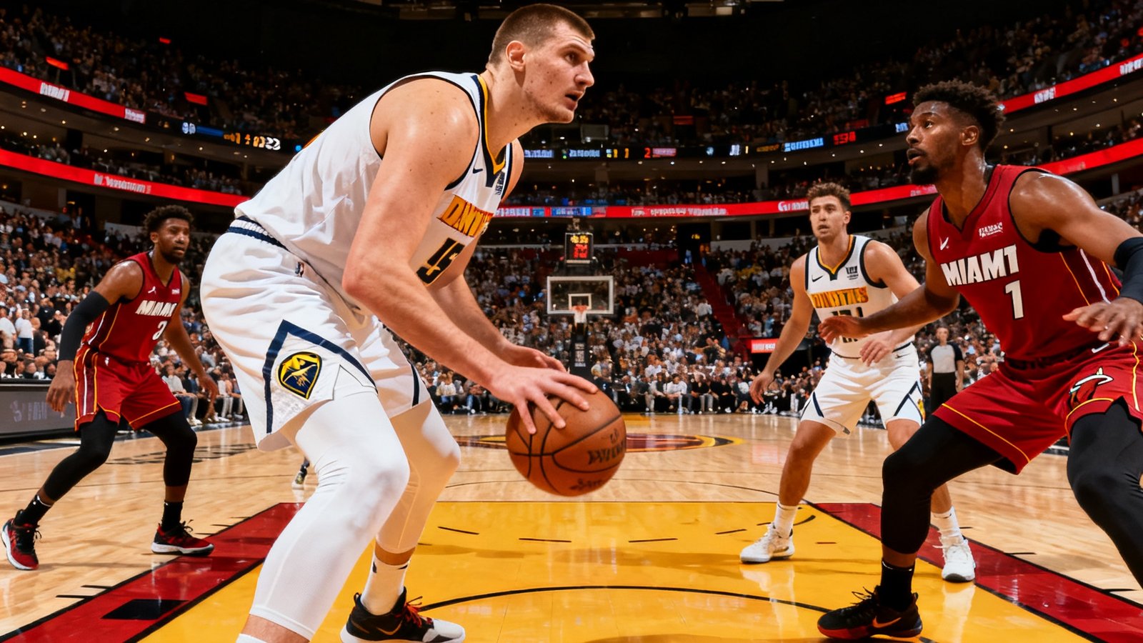 2023年NBA总决赛丹佛掘金队与迈阿密热火队在球馆内激烈比赛，约基奇在内线持球面对防守球员的精彩画面