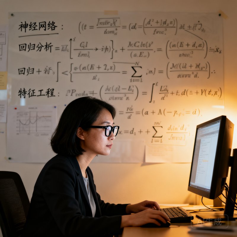 首席数据科学家林晓薇的侧面照，她戴着眼镜专注地看着电脑屏幕，身后是复杂的算法公式板书
