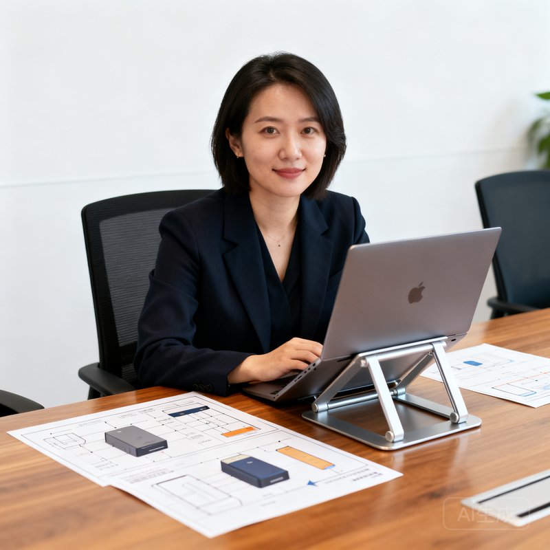产品副总裁张雅婷的近景肖像照，她坐在现代风格的会议室中，面前摆放着产品原型设计和笔记本电脑